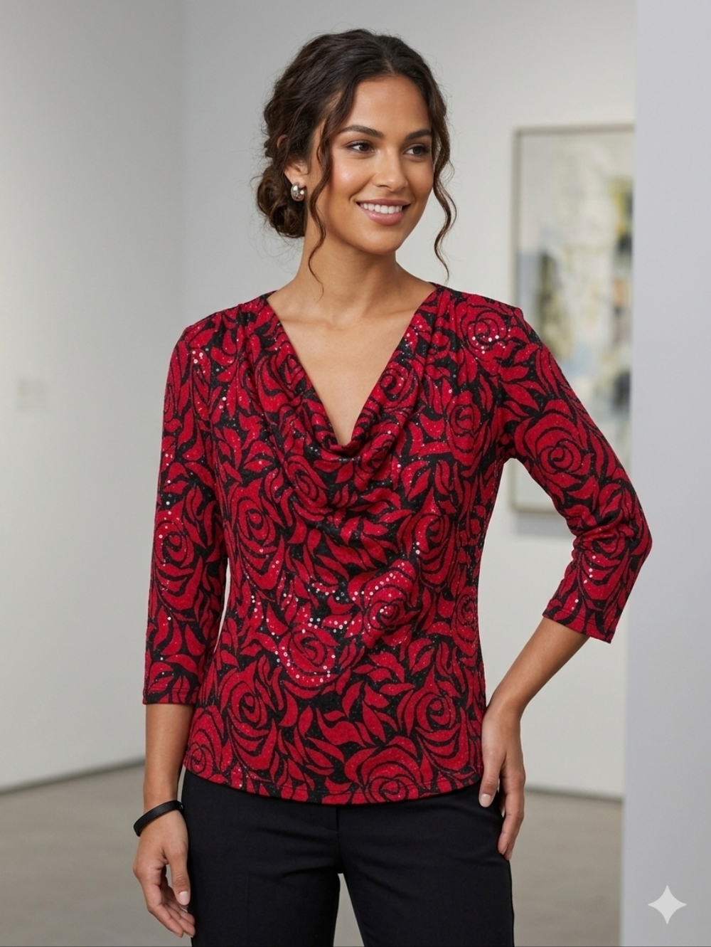 MSK New Red Roses Floral Drop Neck Blouse Womens Size Large Office Party Career
